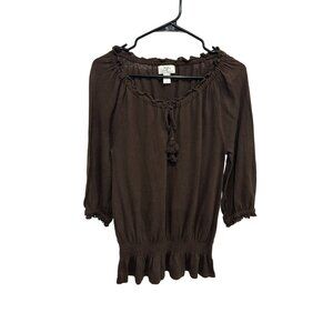 Ann Taylor Loft Brown Smocked Hem 3/4 Sleeve Casual Blouse Top Size Small Trendy